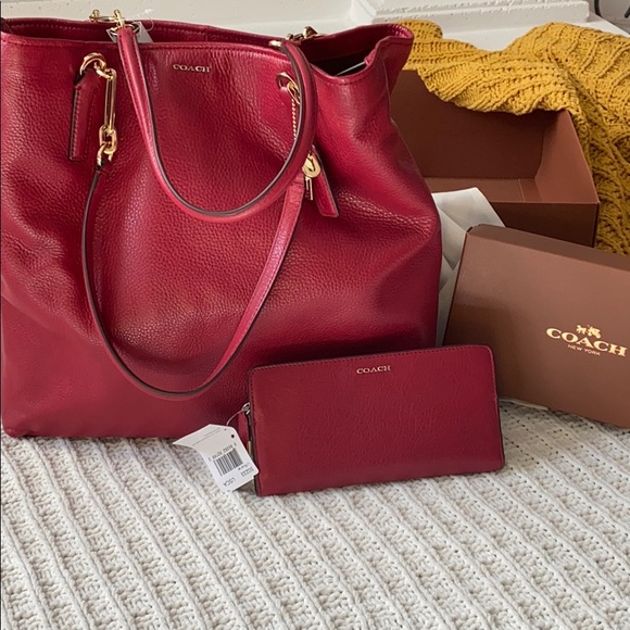 Coach Accessories - Coach Red Leather Bag and Wallet Set NWT Gold